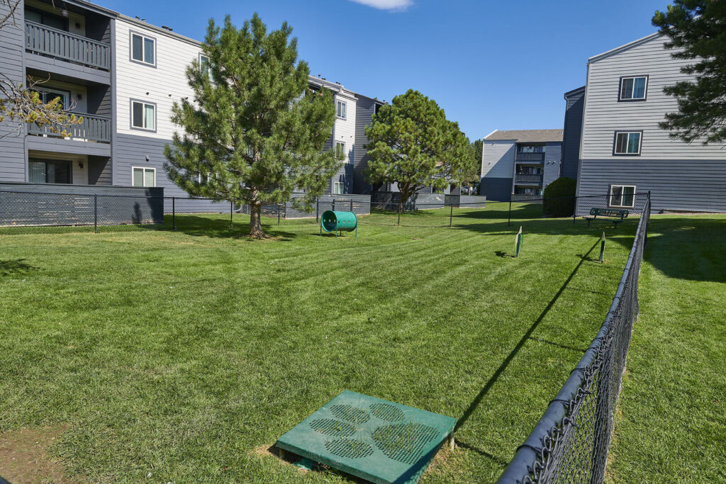 Dog park with agility obstacles and waste stations